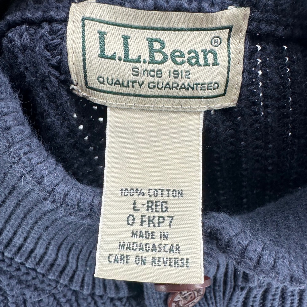LL Bean Sweater Mens Large Navy Blue Cotton Mock Neck Henley Ribbed Knit - Picture 2 of 5